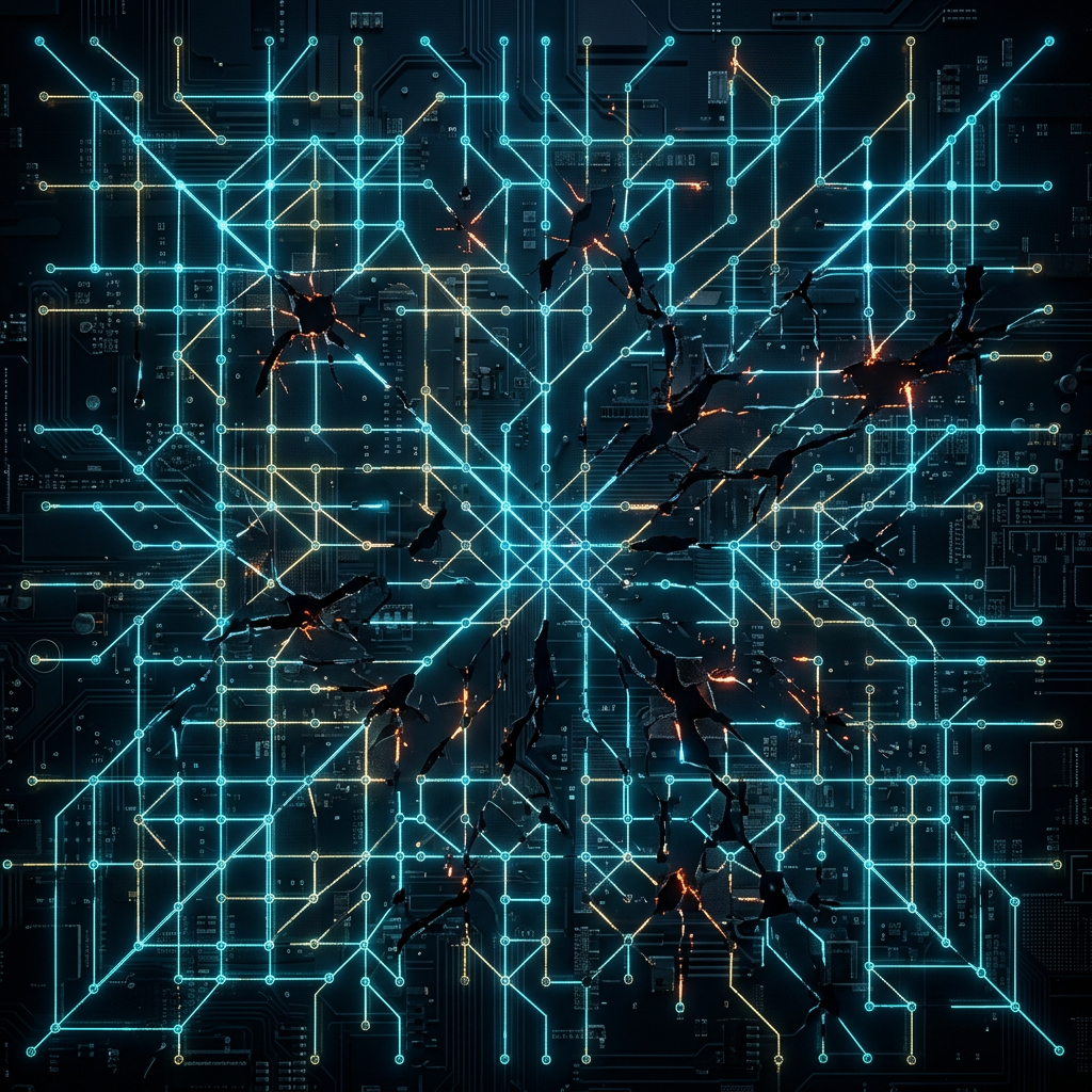 Glowing blue and yellow digital circuitry network with cracks and damage disrupting connections