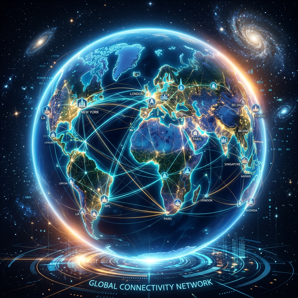Earth with illuminated cities and network lines representing global connectivity