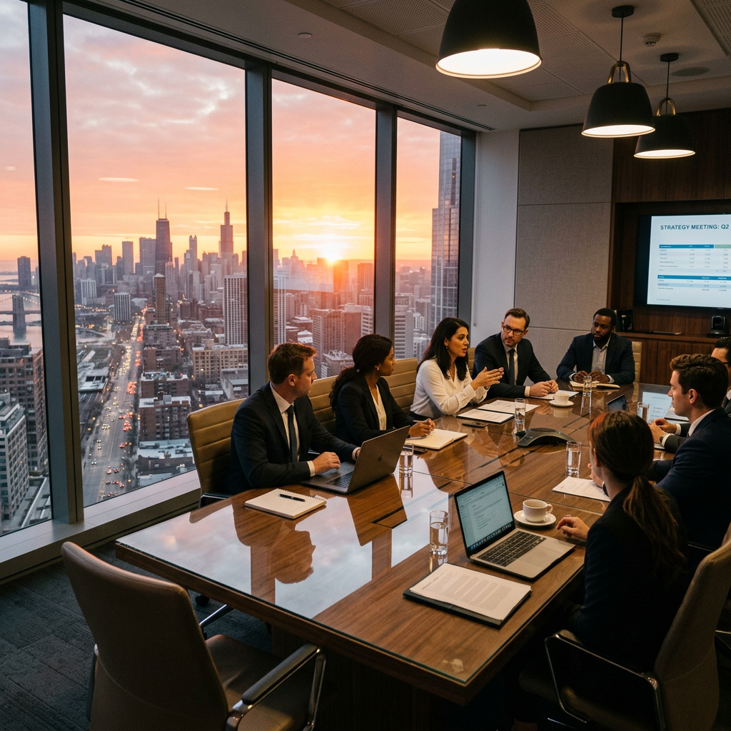 Business professionals in a conference room discussing strategy at sunset with city skyline views