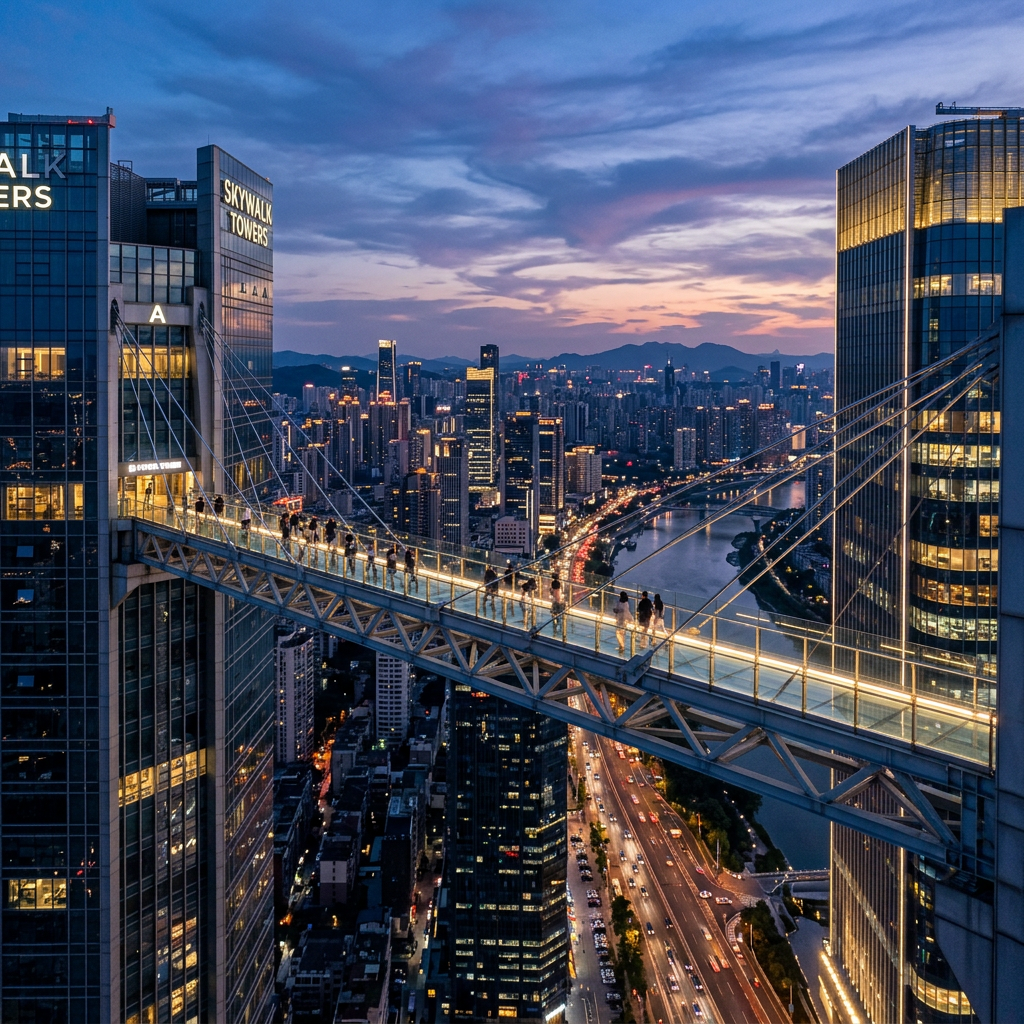 Glass skywalk bridge between two tall buildings with people walking across at dusk