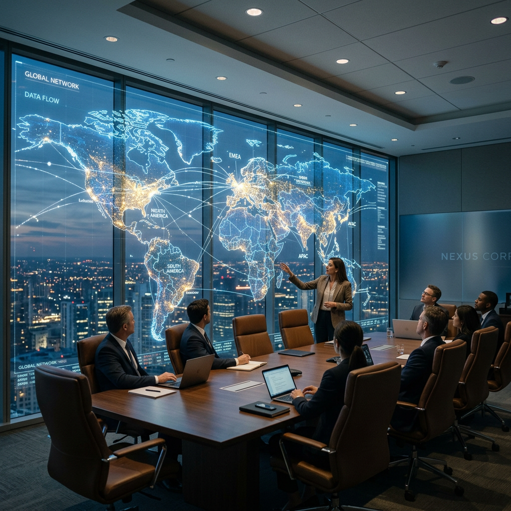 Business meeting with global network data displayed on a large screen