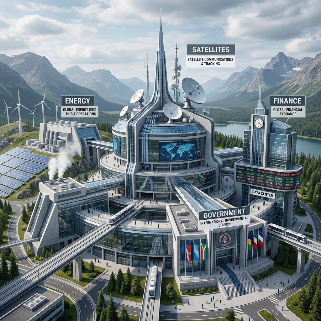 Futuristic global hub with labeled sectors for energy, satellites, finance, and government