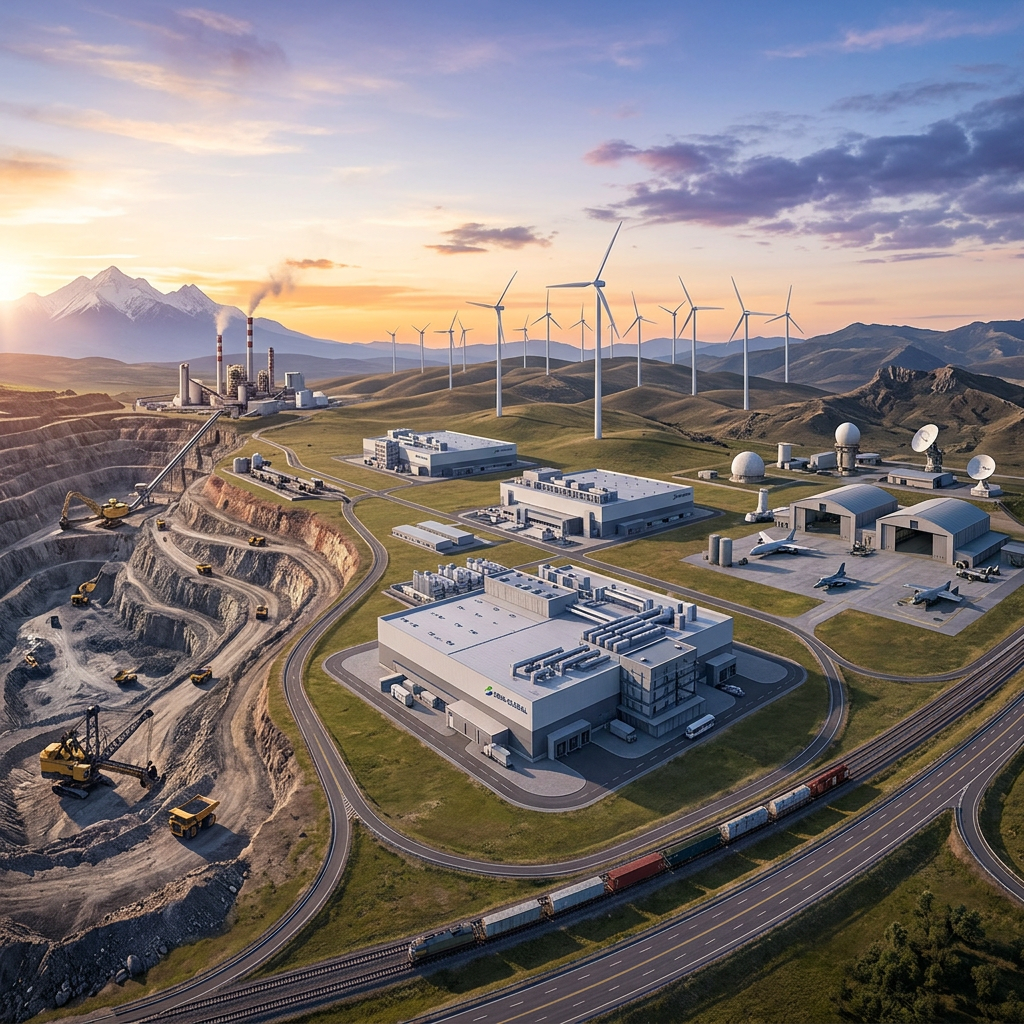 Mining operations, wind turbines, industrial buildings, and aircraft hangars in a mountainous landscape at sunset