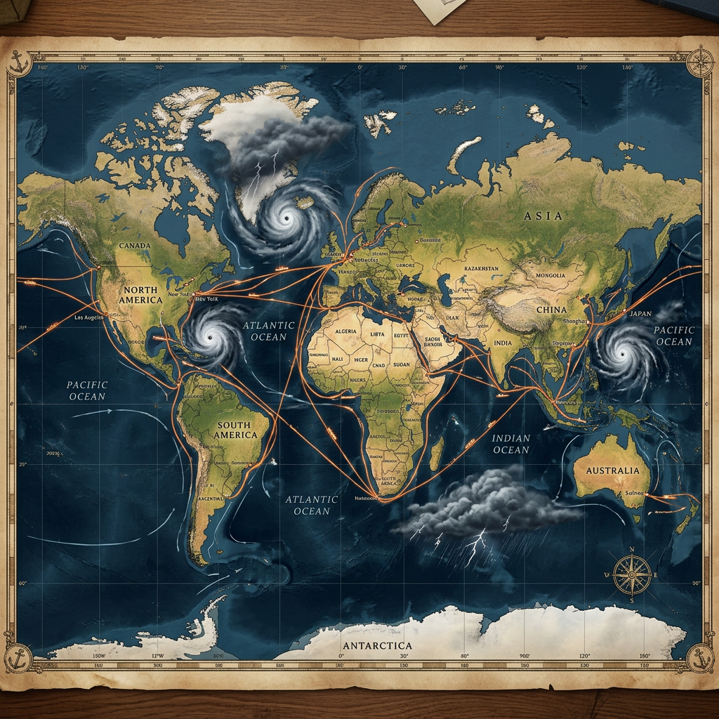World map with global shipping routes and three large storm systems in the Atlantic and Pacific Oceans