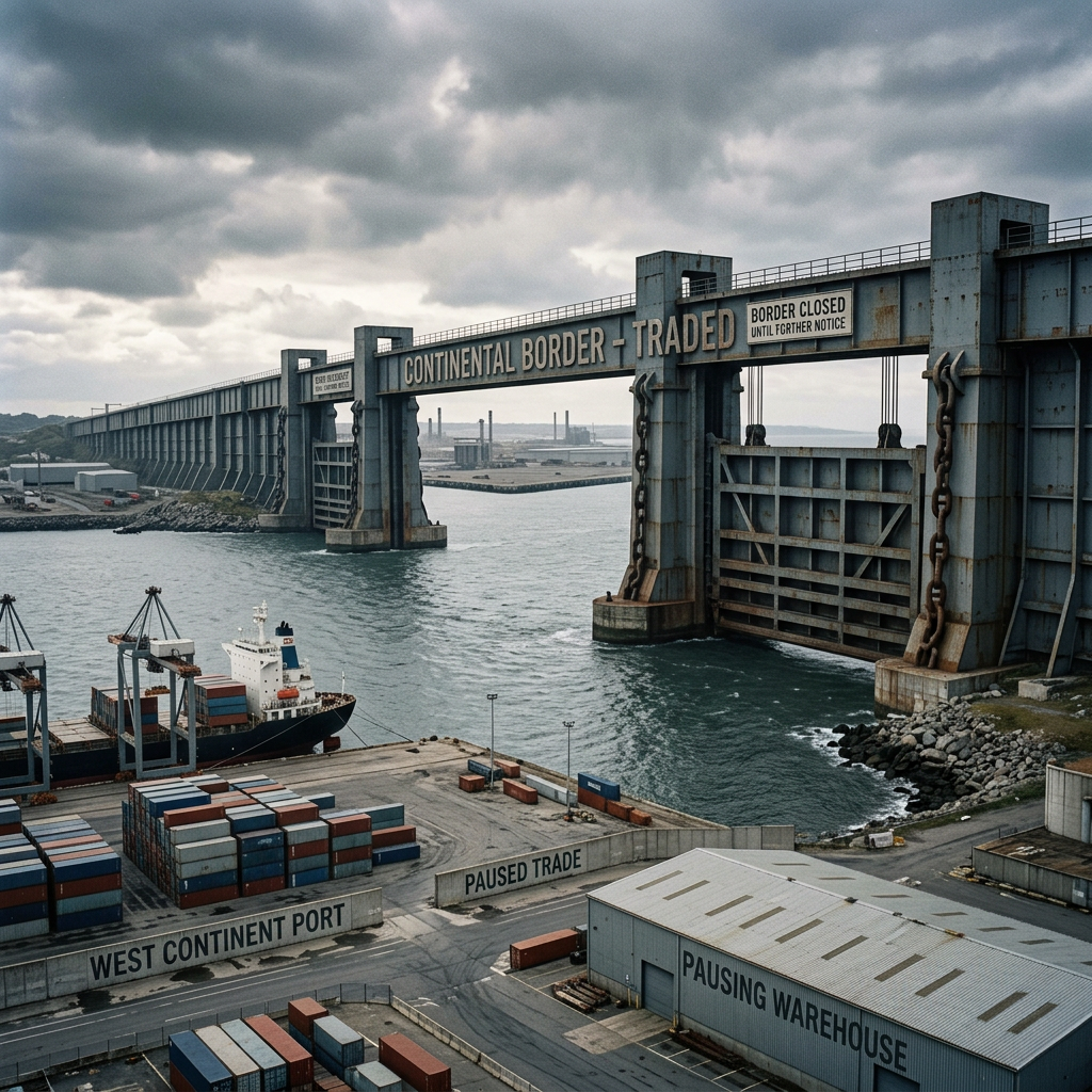 Industrial port with a large closed border gate and shipping containers