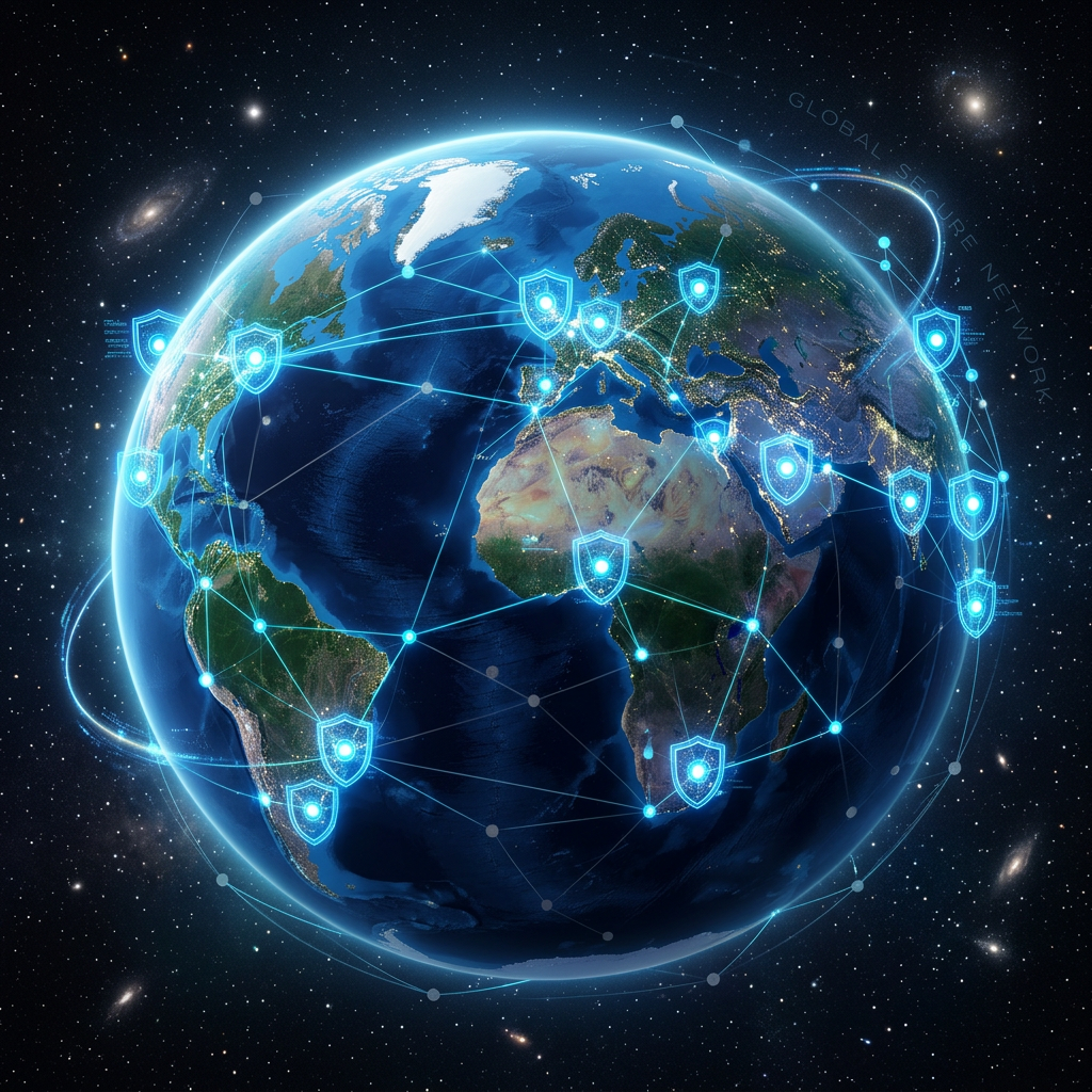 Earth showing interconnected cybersecurity shield icons across continents