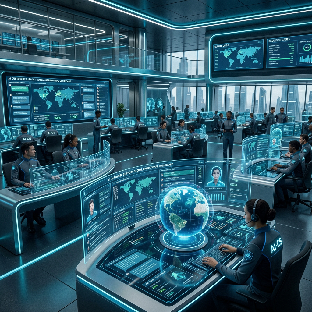 Operators in a futuristic control room using advanced holographic displays to oversee global AI customer support operations.