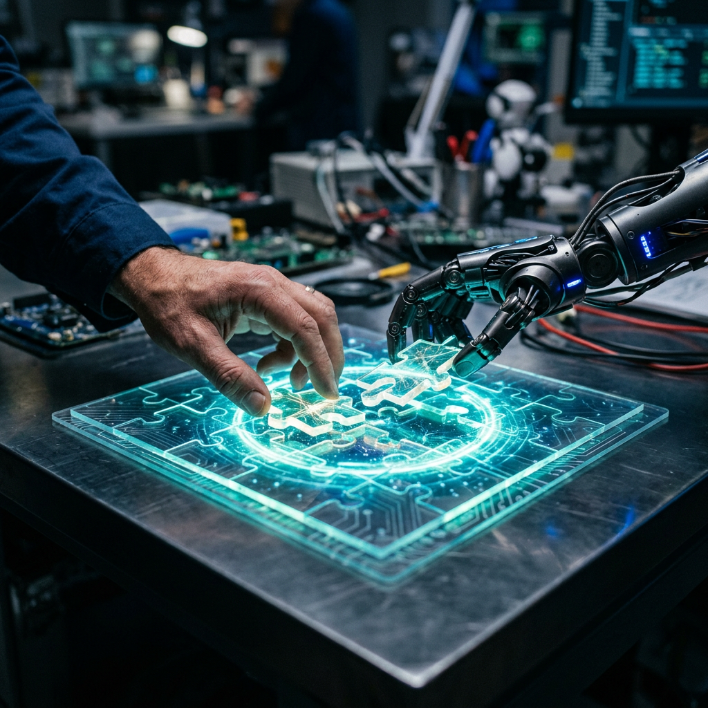 Human hand and robotic hand fitting glowing puzzle pieces on a digital board
