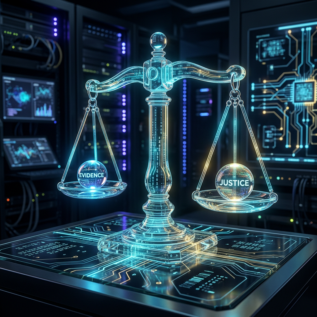A digital scale with 'EVIDENCE' on one side and 'JUSTICE' on the other in a server room environment