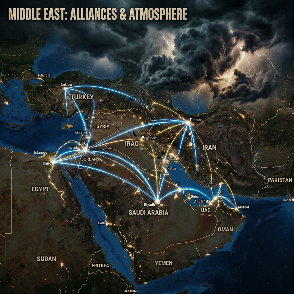 Map of Middle East highlighting alliances between Turkey, Iran, Saudi Arabia, UAE, and others with lightning clouds overhead