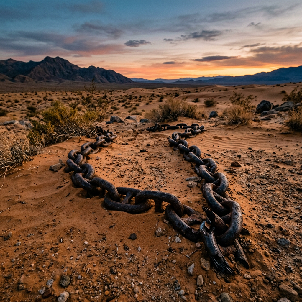 Broken rusty chain on desert sand with mountains in background at sunset