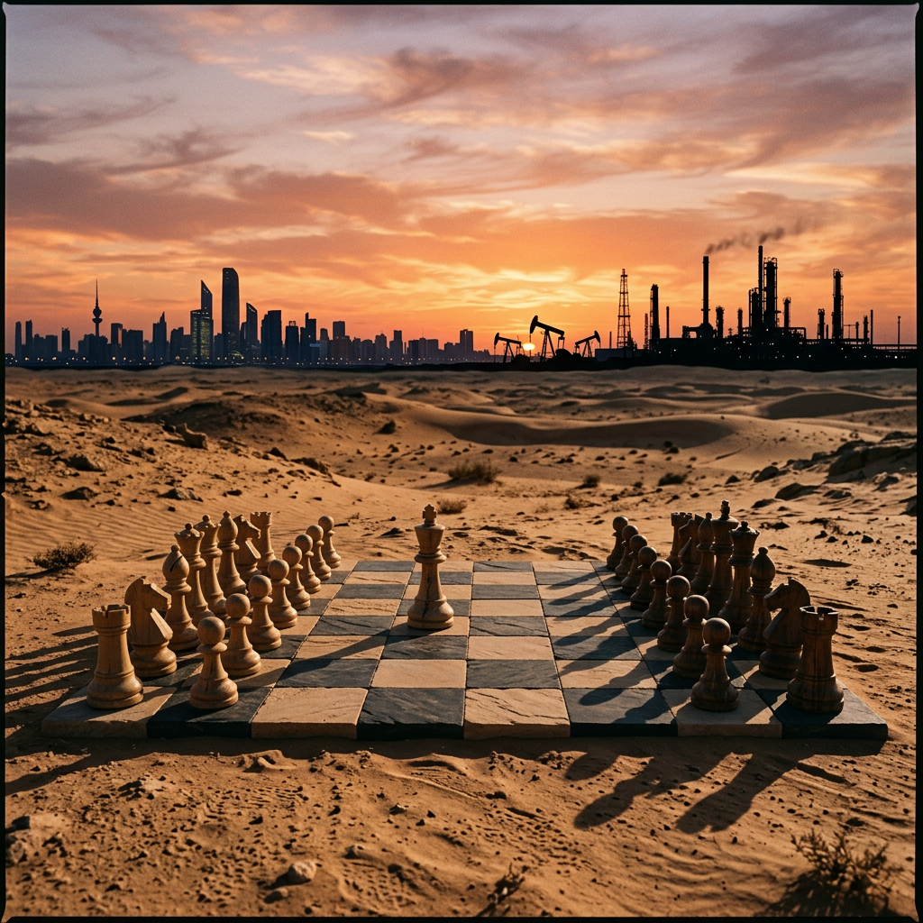 Chessboard with chess pieces on sand desert with city skyline and oil refinery at sunset