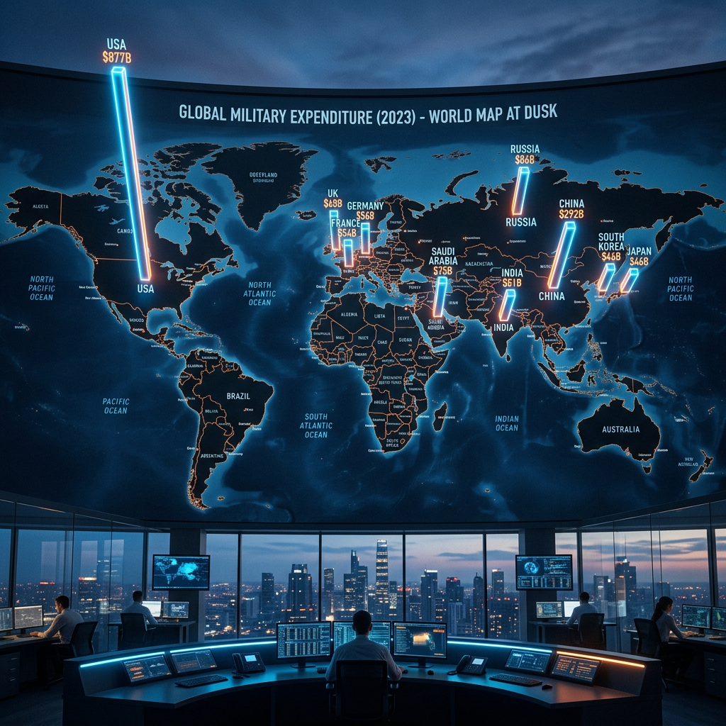 World map showing 2023 global military expenditure amounts by country with bar graphs