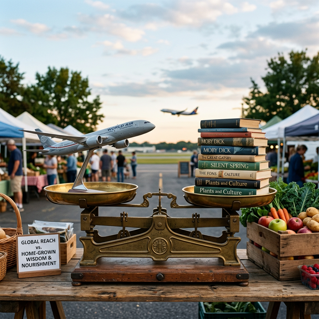 Vintage balance scale with model airplane on one side and stack of books on the other, at outdoor market
