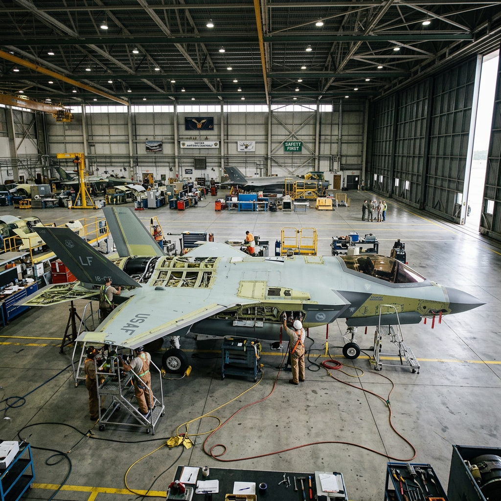Military jet undergoing maintenance with technicians working in an aircraft hangar