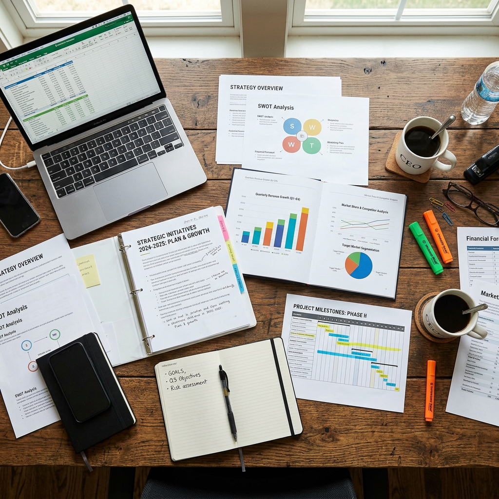 Desk with business strategy documents, charts, a laptop, notebooks, highlighters, and coffee cups