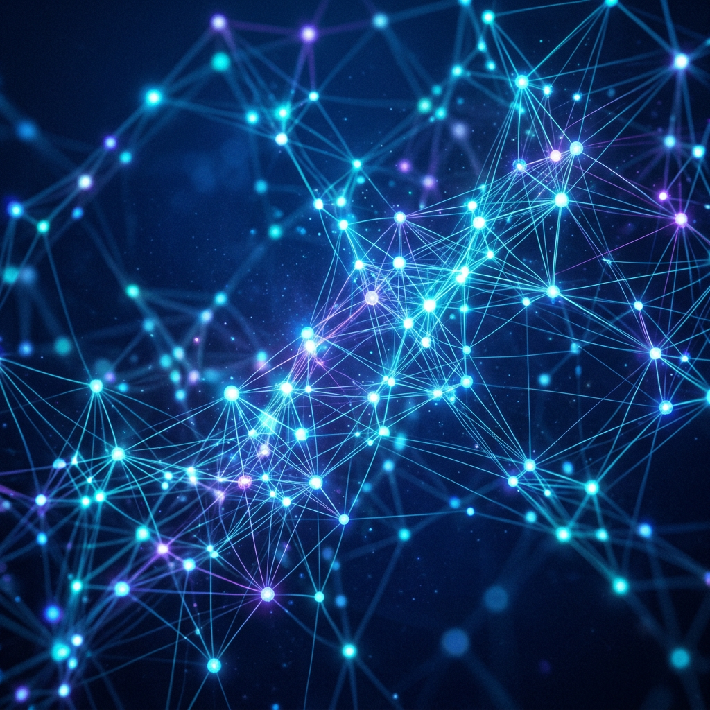 Glowing blue and purple connected nodes forming a complex network on a dark background
