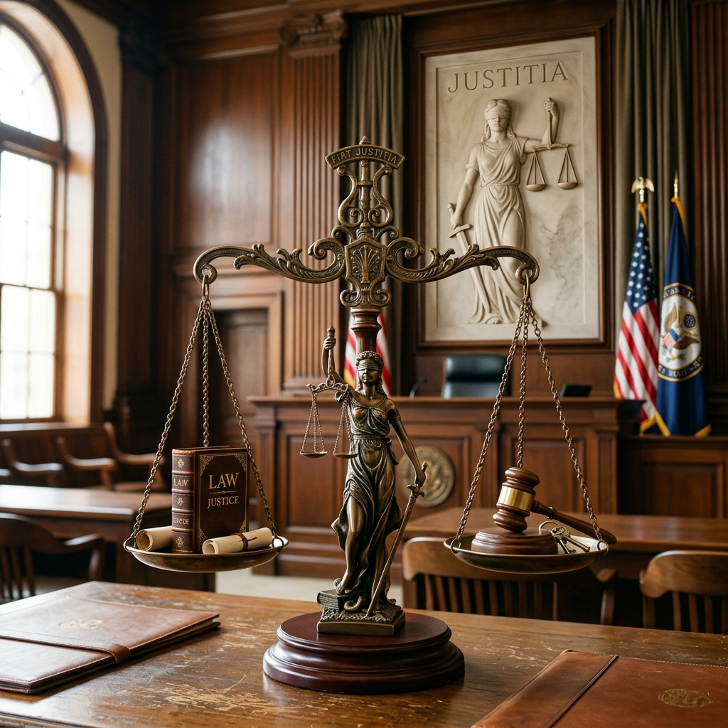 Scale of justice with law books and gavel in a wooden courtroom