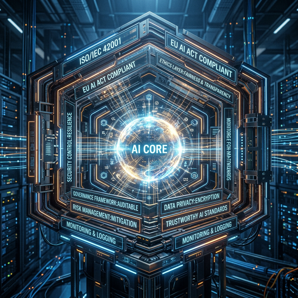 Glowing AI core surrounded by labels indicating compliance and security standards