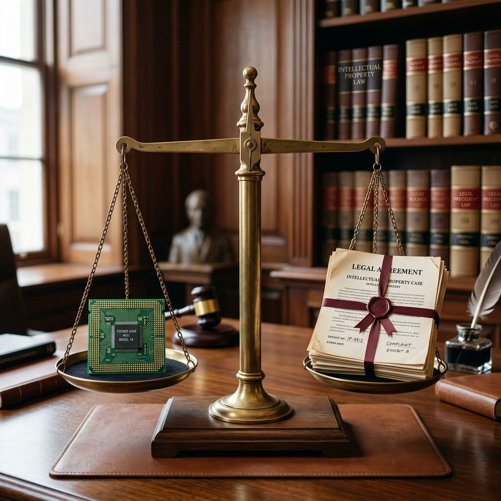 Brass balance scale with a microchip on one side and legal agreement documents on the other in a law office