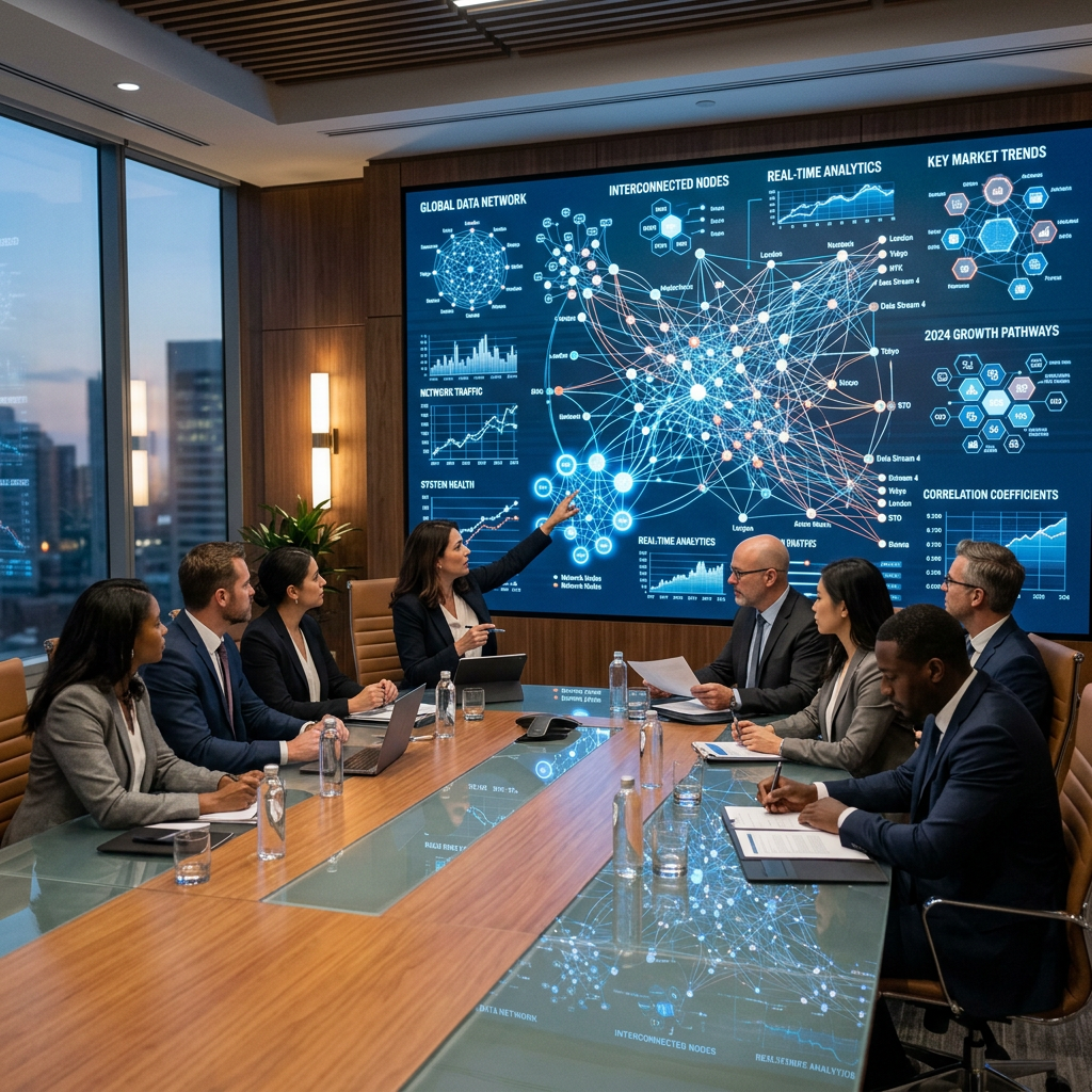Business professionals in a conference room analyzing interconnected data networks on a large screen