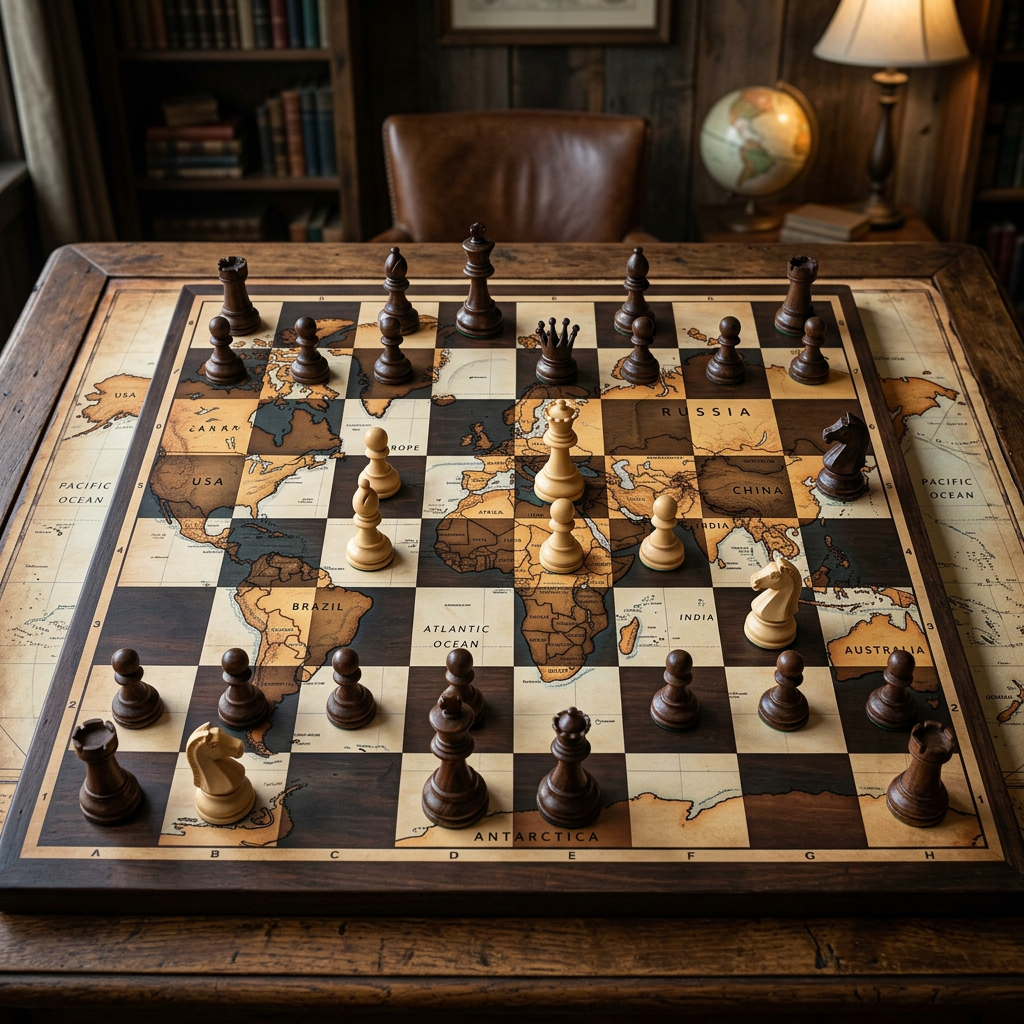 Chessboard with world map design and chess pieces arranged on squares