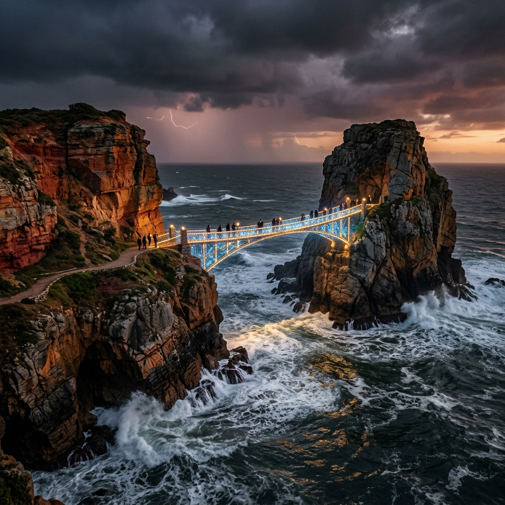 Pedestrian bridge lit with lights spanning between two cliffs over rough ocean waves at sunset