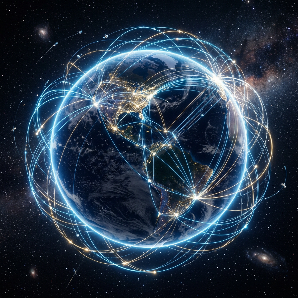 Earth with illuminated cities and multiple arcs representing satellite communication network