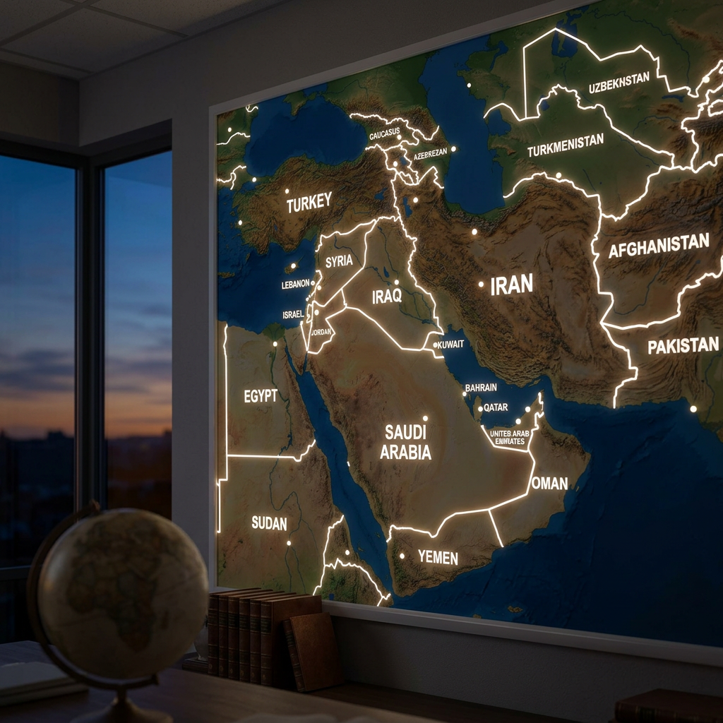 Map of Middle East and surrounding countries with illuminated borders and country names
