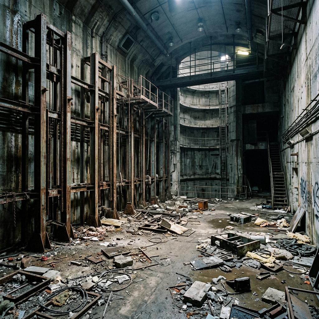 Interior of an abandoned industrial building with rusted metal frames and scattered debris