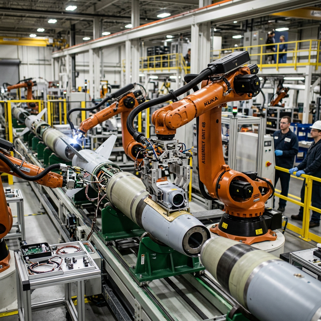 Robotic orange KUKA arms welding and assembling parts on long cylindrical military missiles in factory