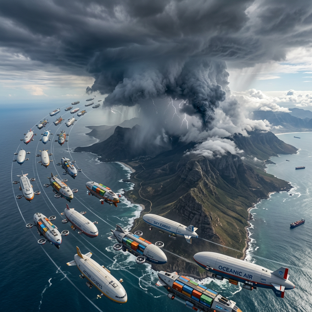 Multiple cargo airships flying in formation over ocean near volcanic island with storm clouds and lightning