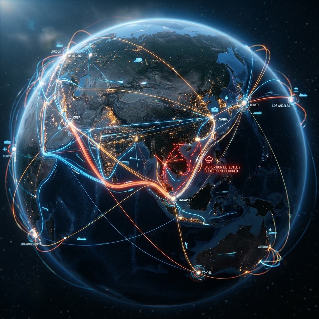 Digital globe showing interconnected shipping routes, major ports, and a disruption alert near Singapore
