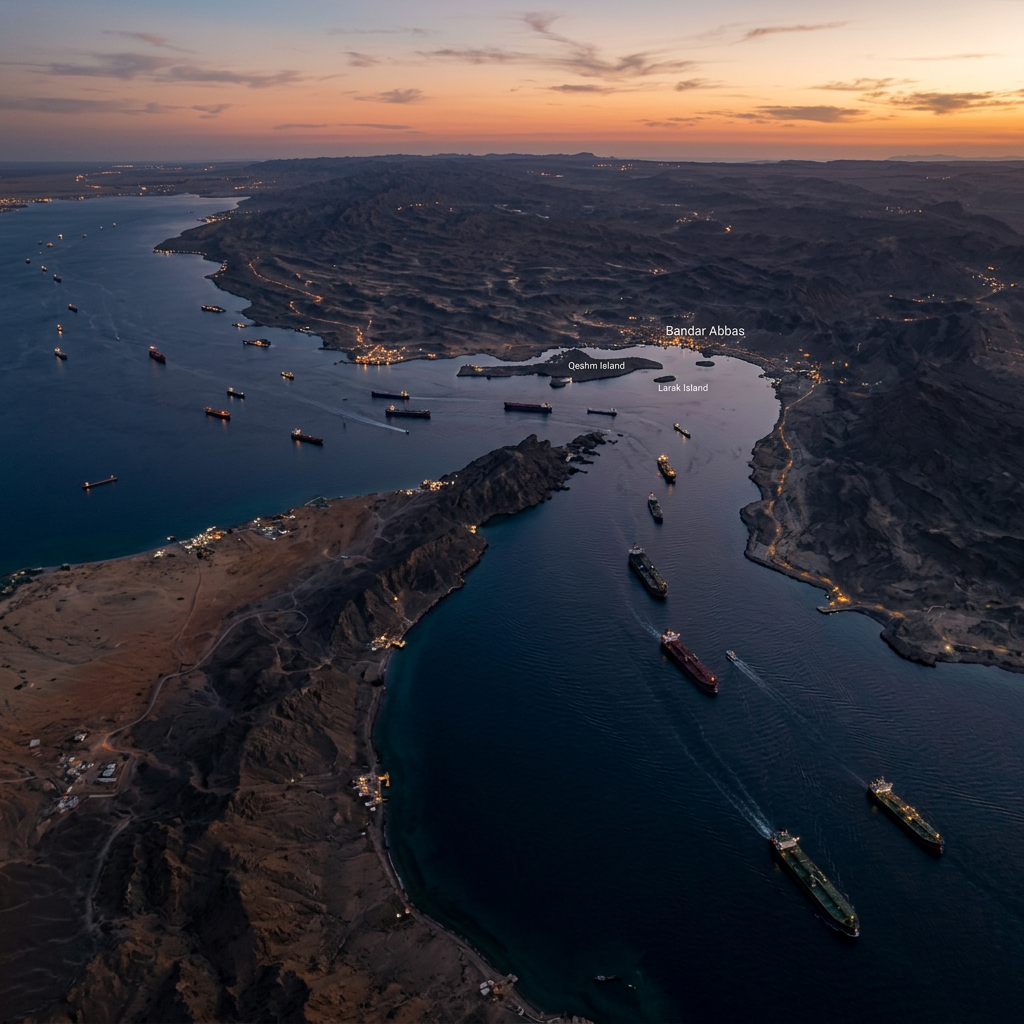 Cargo ships in the Strait of Hormuz near Bandar Abbas, Qeshm Island, and Larak Island at sunset