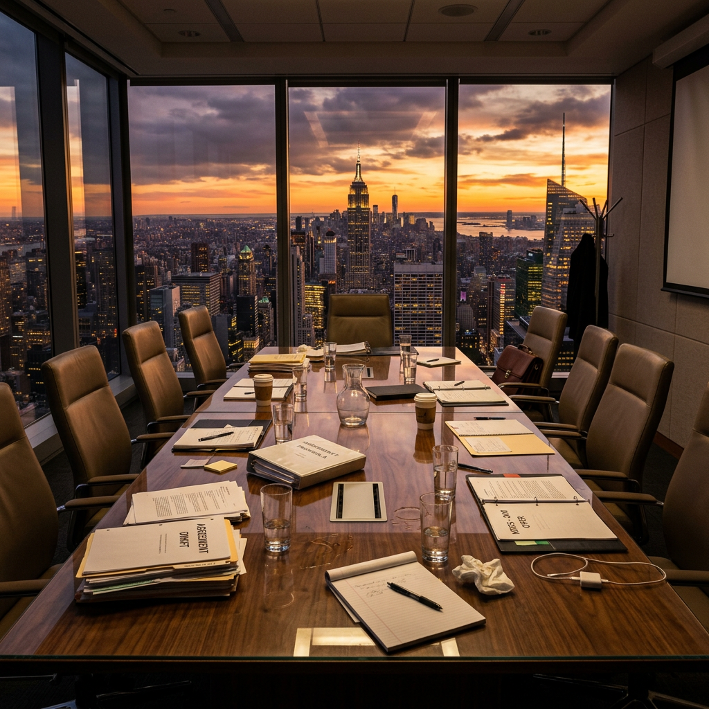 Boardroom with chairs and documents overlooking sunset view of Manhattan skyscrapers