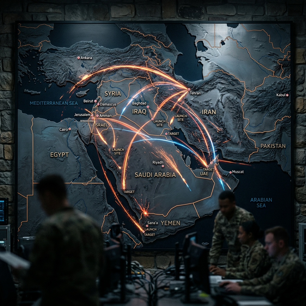 Digital map displaying missile launch sites and targets across Middle Eastern countries with trajectories shown