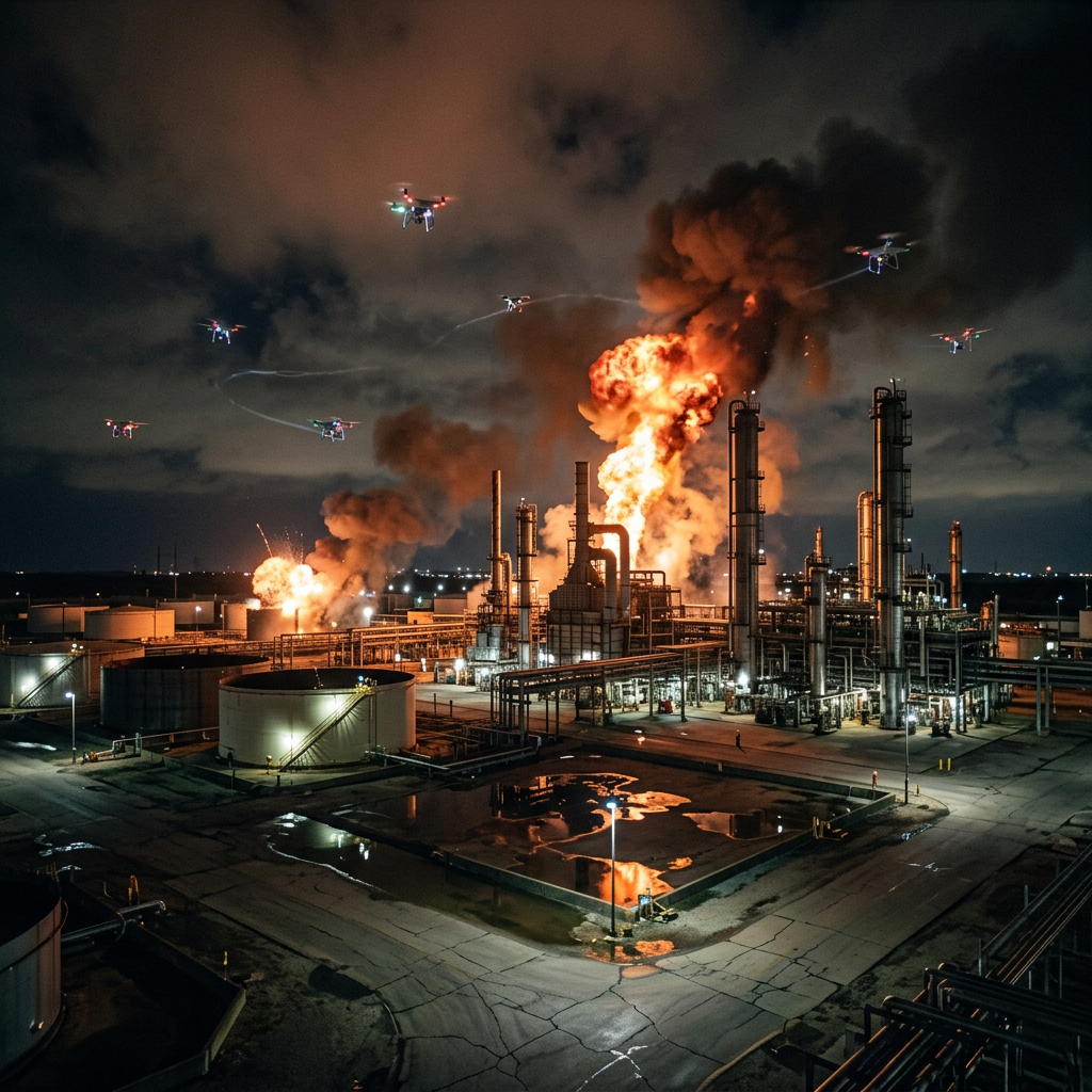 Drones flying over refinery with large flames and smoke from explosion at night