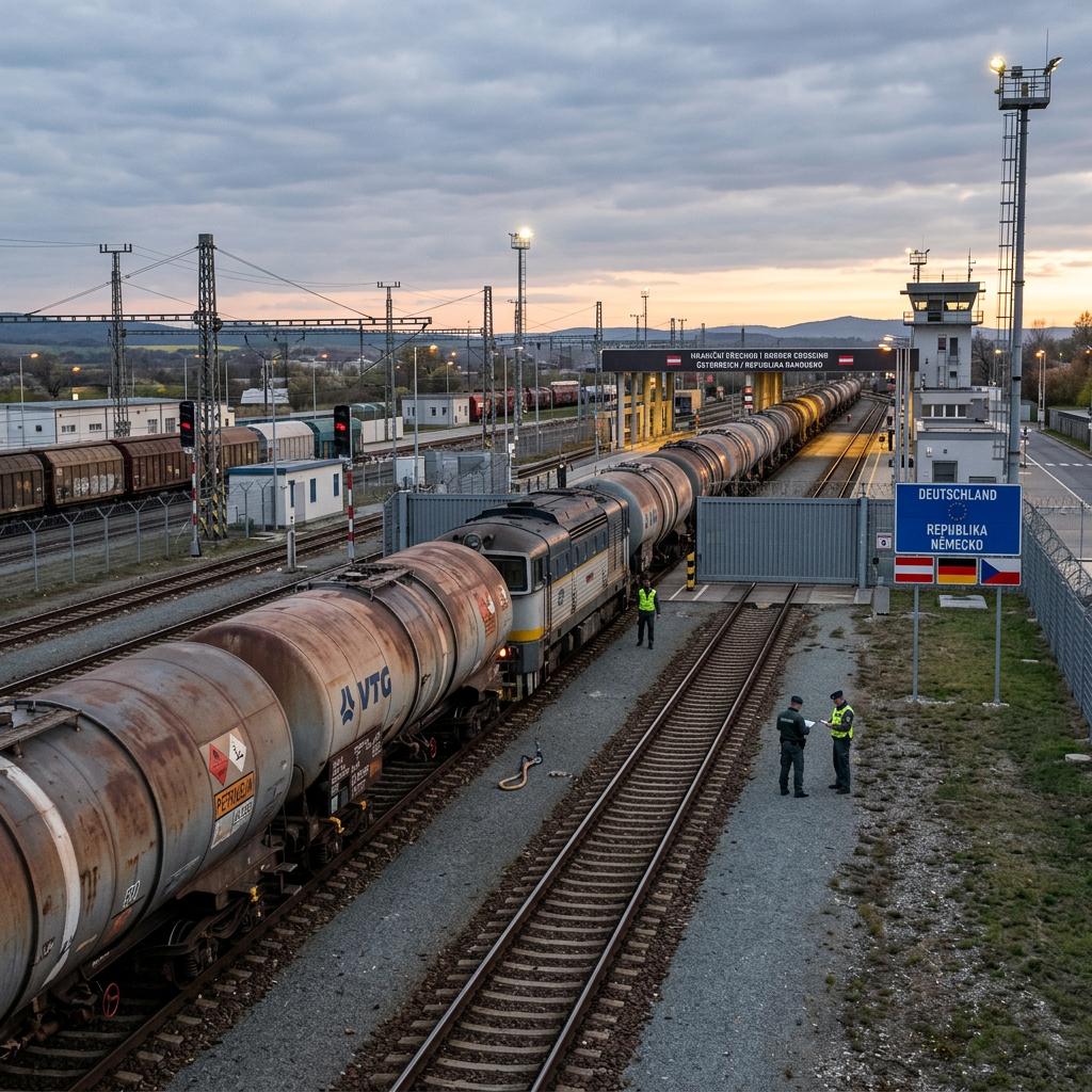 Freight train at an international rail border checkpoint between Germany and Czech Republic with officials nearby