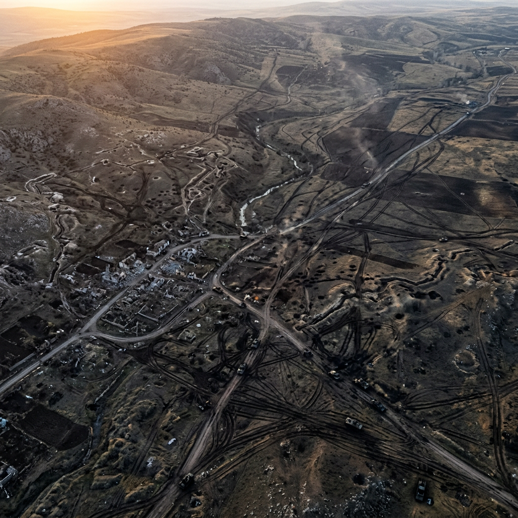 Aerial view of military vehicles tracked on dirt roads and rugged landscape at sunset