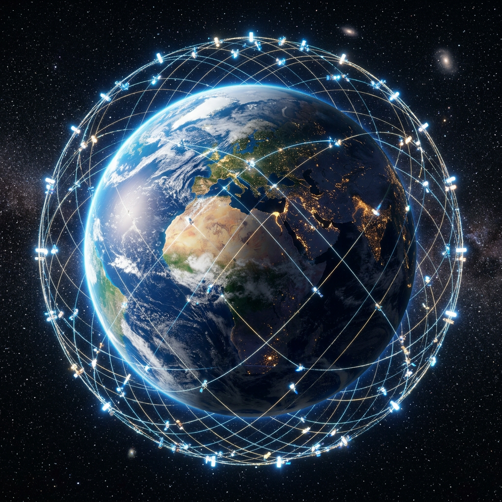 Earth surrounded by interconnected satellites forming a network in space