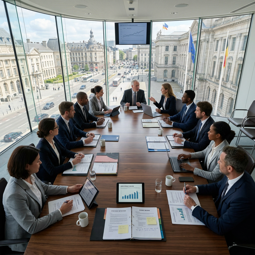Business team having a meeting around a conference table in a modern office with large windows overlooking a city street