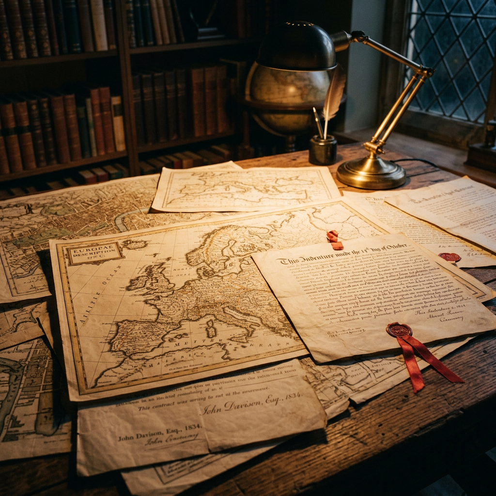 Antique maps of Europe and historical documents with wax seals on a wooden desk