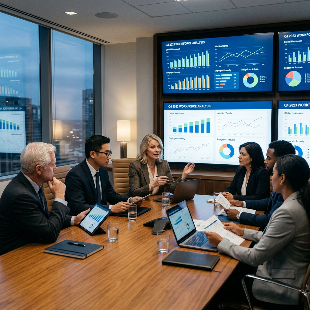 Group of professionals analyzing workforce data charts in conference room