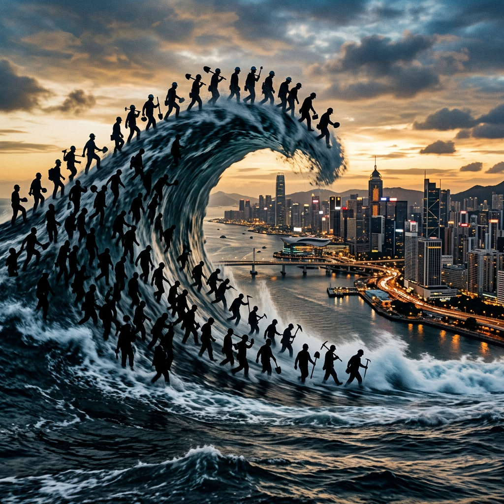 Large ocean wave made up of black silhouettes of workers holding tools with a city skyline at sunset in the background.