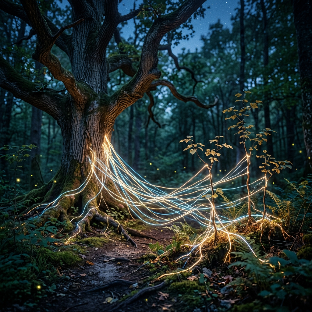 Large tree with glowing light strands connecting roots to small plants in forest at dusk