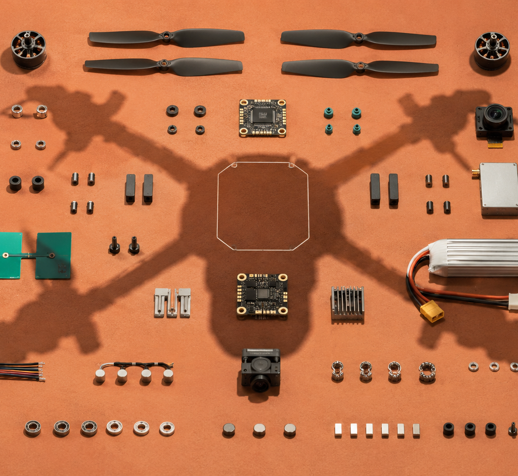 Drone motors, propellers, cameras, batteries, controllers, and connectors arranged around one missing central component beneath the shadow of a complete quadcopter.