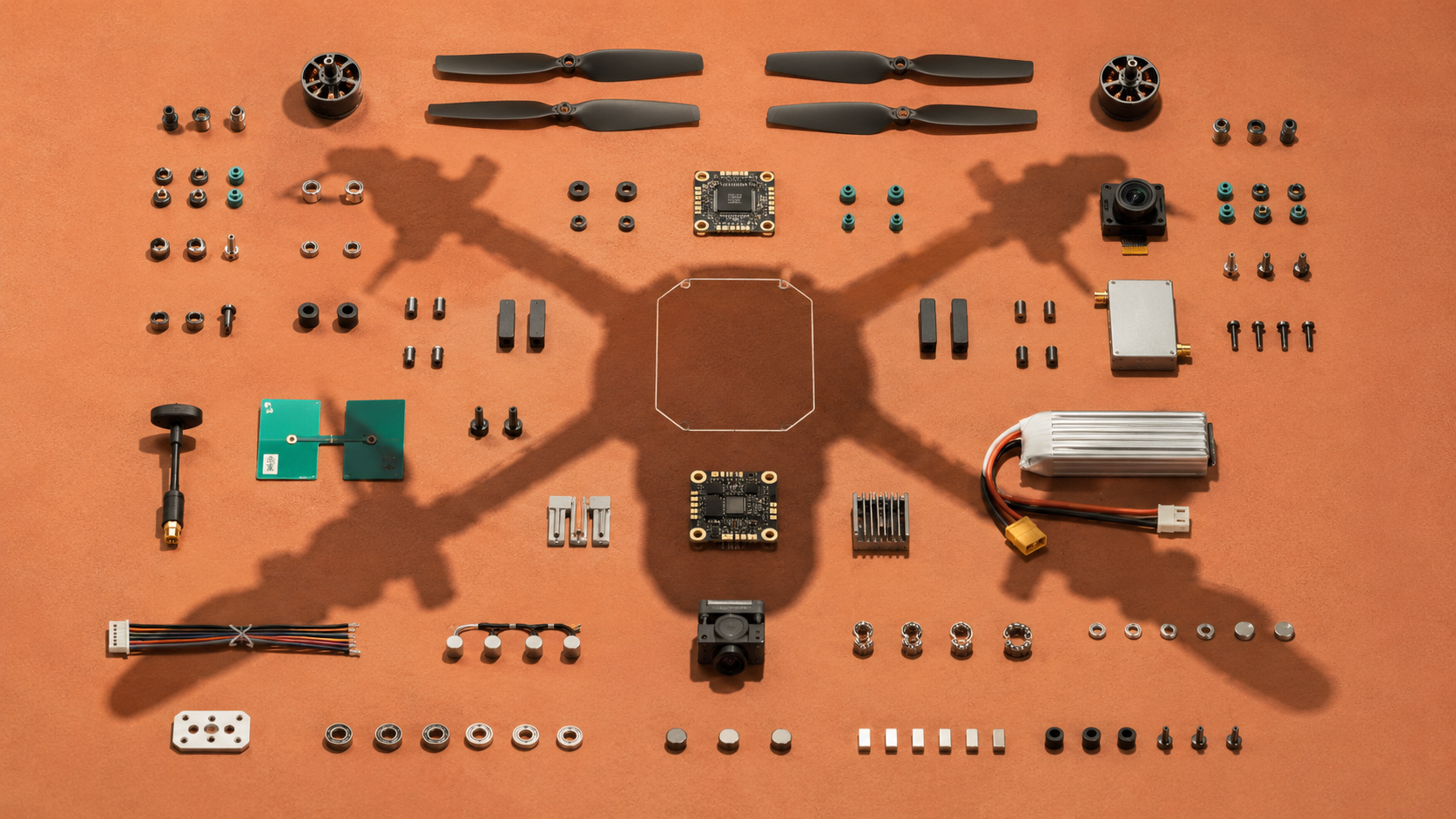 Drone motors, propellers, cameras, batteries, controllers, and connectors arranged around one missing central component beneath the shadow of a complete quadcopter.