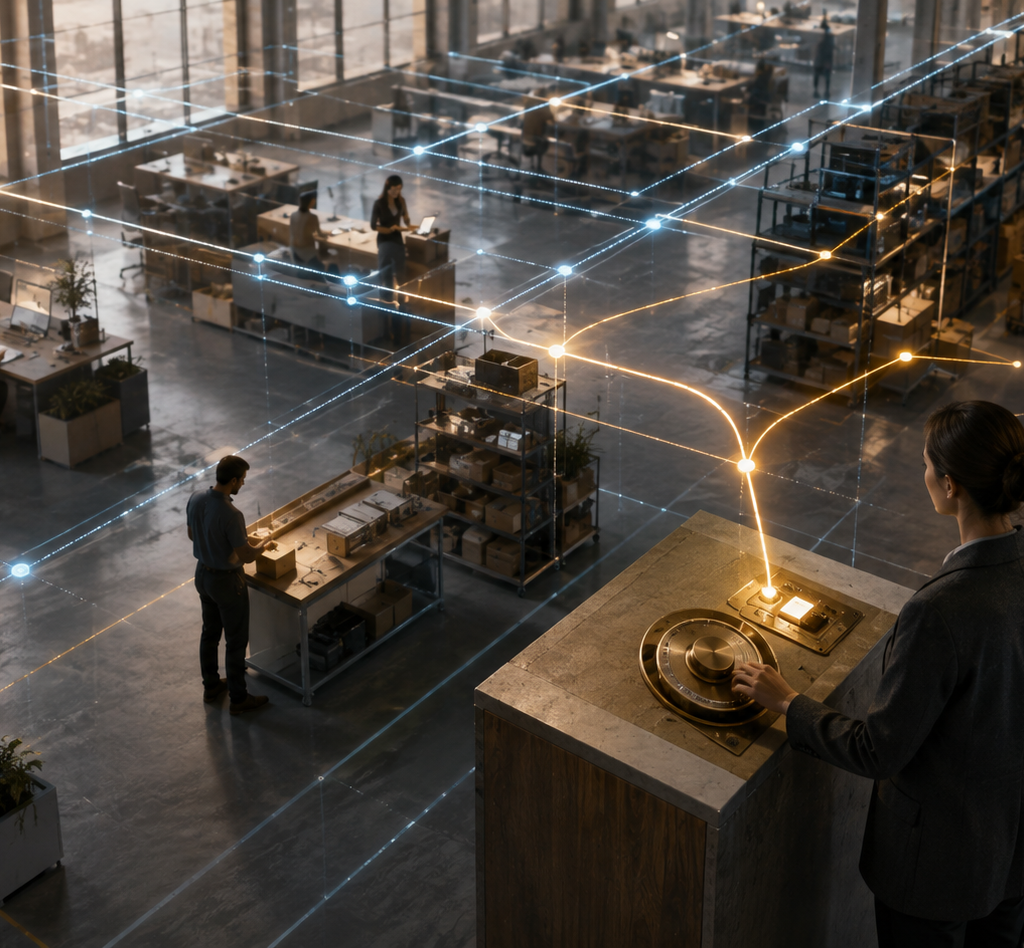 A manager uses a physical override console while blue and amber data paths coordinate work across a modern office and distribution floor.