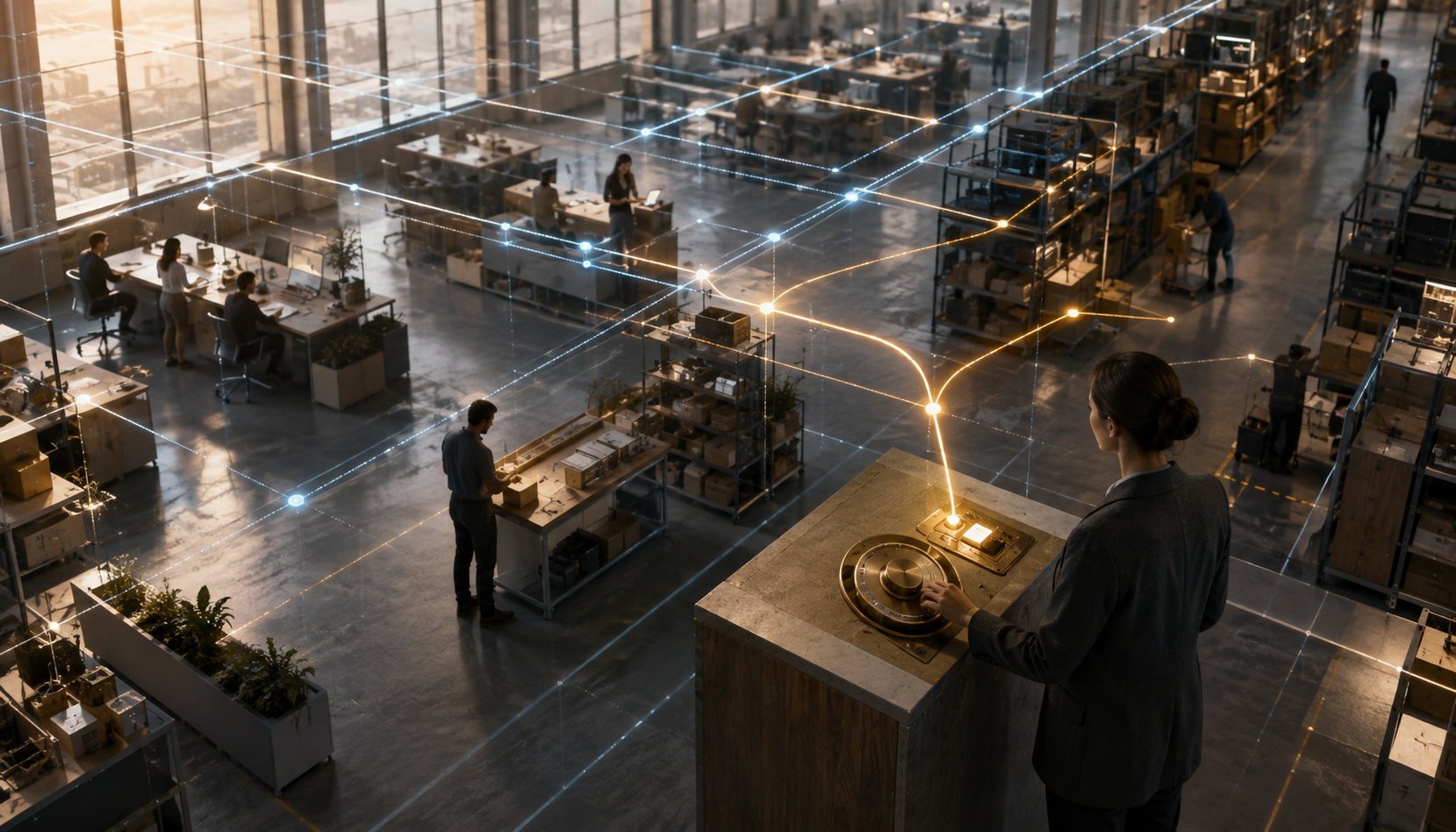 A manager uses a physical override console while blue and amber data paths coordinate work across a modern office and distribution floor.