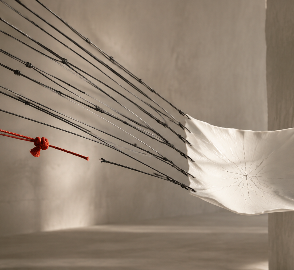 Charcoal cords pull against a fragile porcelain sheet while one red cord has been deliberately released.